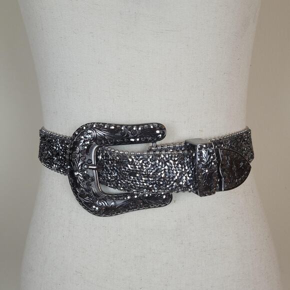 Silver Rhinestone Western Belt Large XL Leather Bling Cowgirl Rodeo Sparkly main image 8